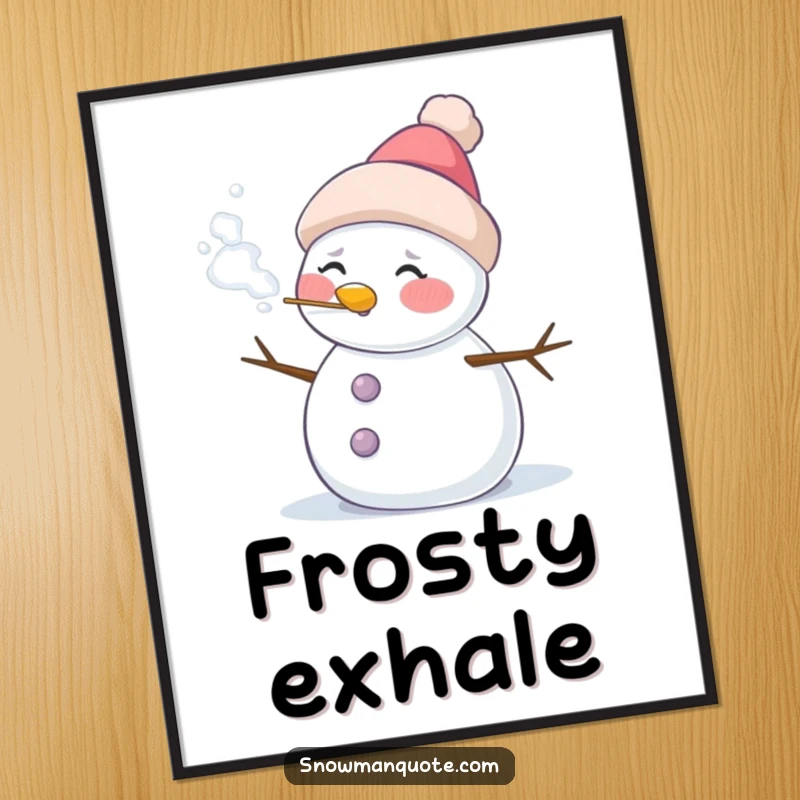 Funny digital art print of a joyful snowman with rosy cheeks, exhaling a puff of frosty air, for instant wall decor.