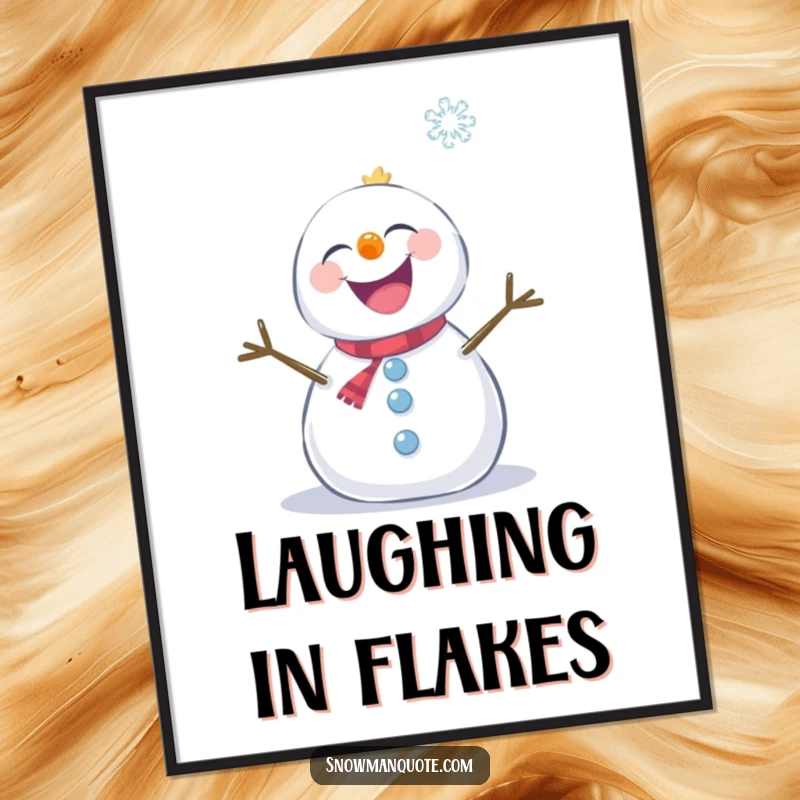 Funny snowman giggling uncontrollably as a snowflake tickles its nose, offered as a digital art print.