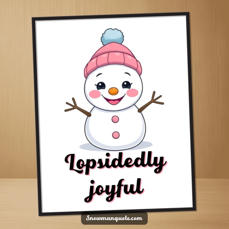 Funny digital art print of a grinning snowman with a lopsided hat, perfect for cheerful decor.