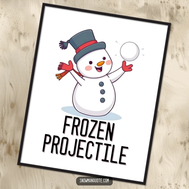 Funny, printable digital art of a jolly snowman with a grin, throwing a snowball, perfect for instant winter decor.