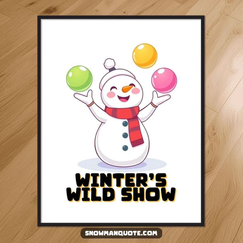 Funny Snowman Digital Art: A cheerful snowman joyfully juggles colorful snowballs, bringing a playful and humorous element to any room. Ideal holiday decor.