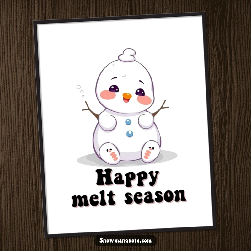 Funny melting snowman digital art print, sighing happily as it melts slightly, adding heartwarming and humorous wall art, perfect for instant decor and gifts.