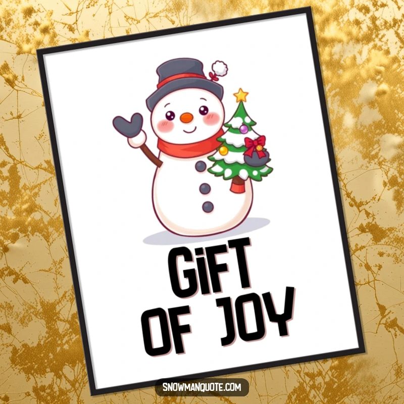 Funny Proud Snowman Tree Art Print depicting a beaming snowman proudly presenting a small, decorated Christmas tree.