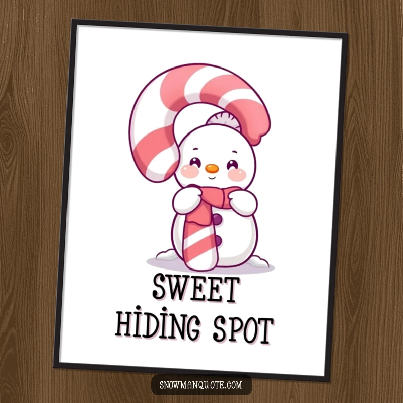 Funny Shy Snowman Candy Cane Art Print depicting a bashful snowman peeking out from behind a large, sparkling candy cane.