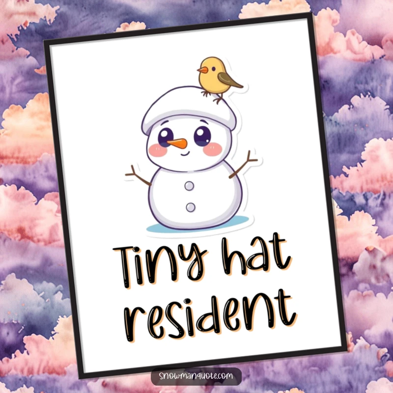 Funny Snowman Digital Art Print: A surprised snowman with round eyes observes a tiny bird perched on its hat, perfect for charming wall decor.