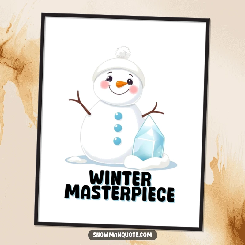 Funny snowman digital art print featuring a wide smiling snowman beside a small ice sculpture, ideal for printable home decor.