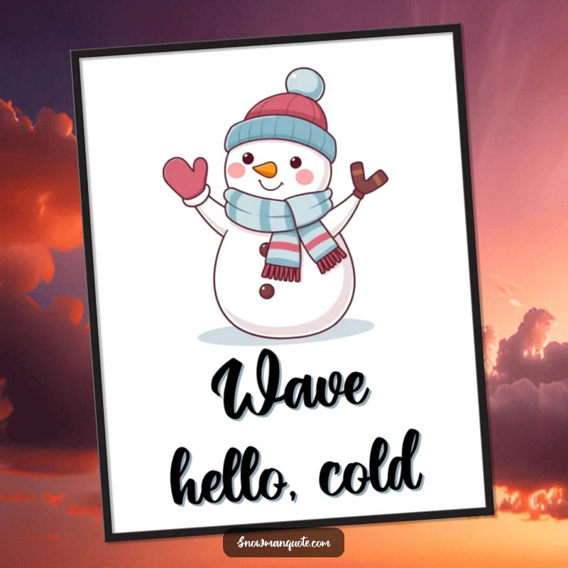 Funny snowman wearing a jaunty scarf and waving hello, offered as a downloadable digital art print.