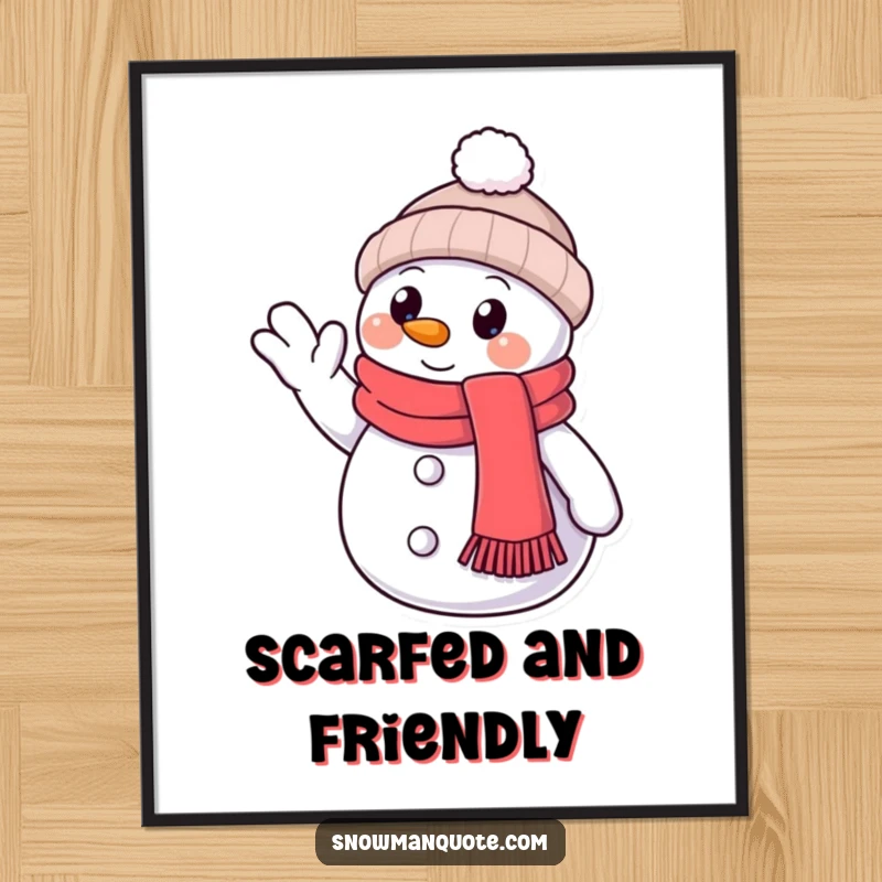 Funny Digital Art Print: A snowman in a scarf gives a friendly wave, its button eye conveying warmth and good cheer.