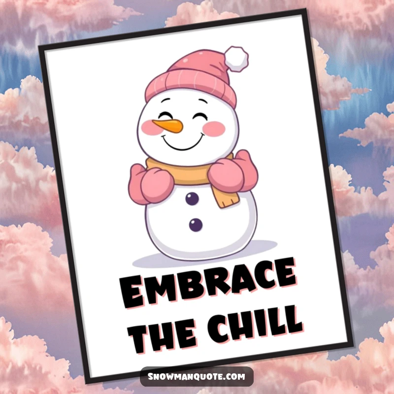 Funny smiling snowman extending gloved arms for a warm hug, a heartwarming and humorous digital artwork for instant download.