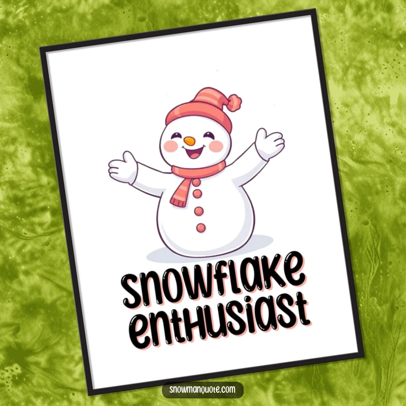 Funny snowman with arms joyfully welcoming falling snowflakes, a heartwarming and humorous digital artwork for instant download.