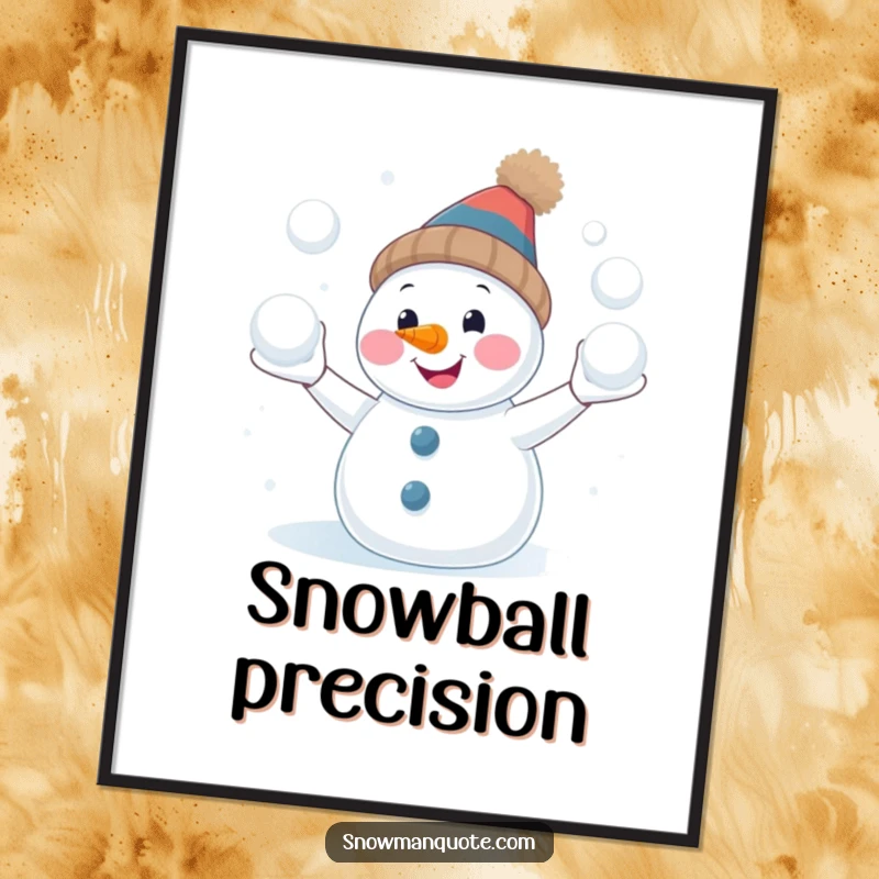 Funny snowman juggling digital art print, smiling with a carrot nose, creating a whimsical winter scene, perfect gift.