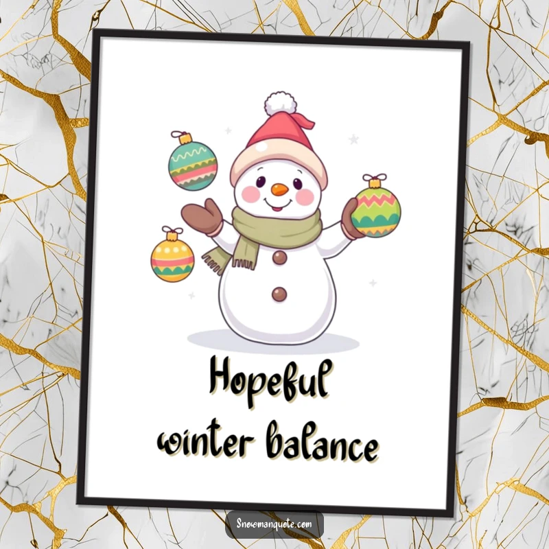 Funny snowman digital art print of a hopeful snowman juggling ornaments, offering instant festive cheer and artistic charm for any space.