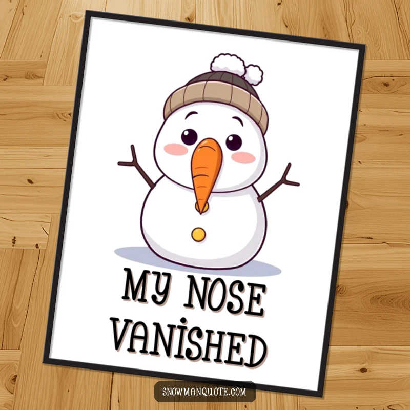 Funny digital art print of a surprised snowman losing its carrot nose. High-resolution, perfect for instant wall decor and winter humor.