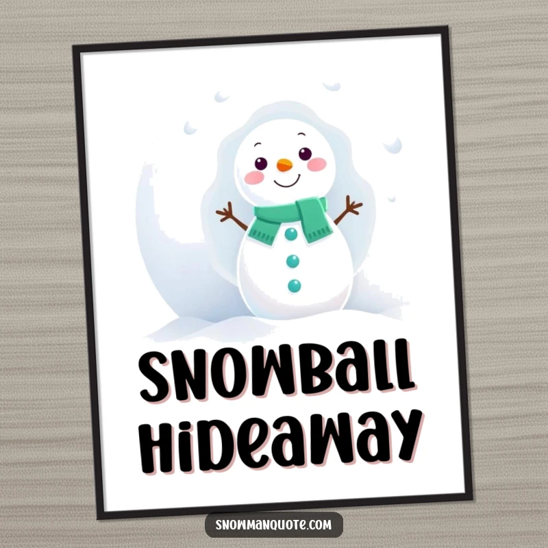 Funny Snowman Digital Art Print: A snowman shyly peeks from behind a massive snowball, ready for winter.
