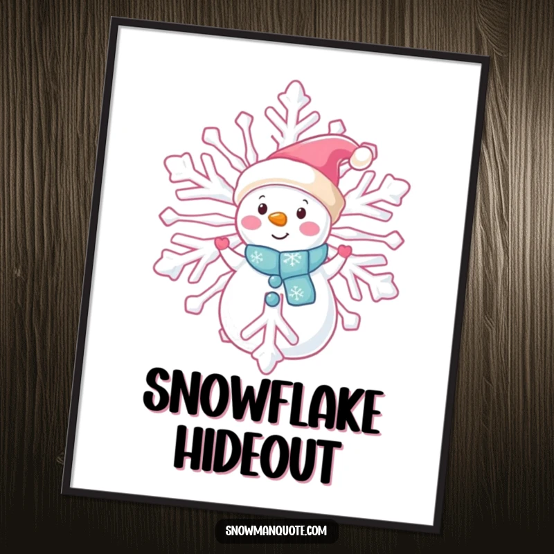 Funny snowman peeking digital art print, shyly observing from behind a giant snowflake, creating a mysterious winter scene, gift.