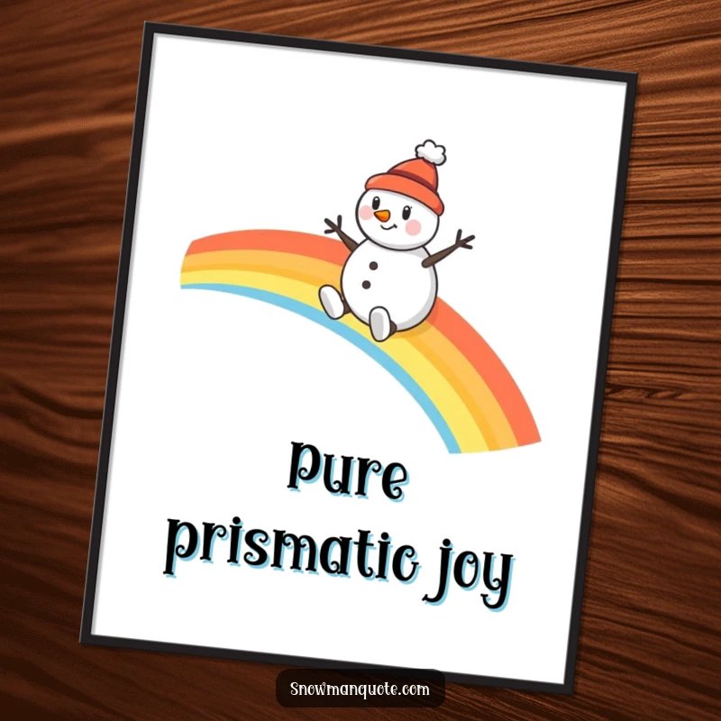 Funny snowman digital art print, a cheerful character with a tiny hat sliding down a vivid rainbow, printable decor.