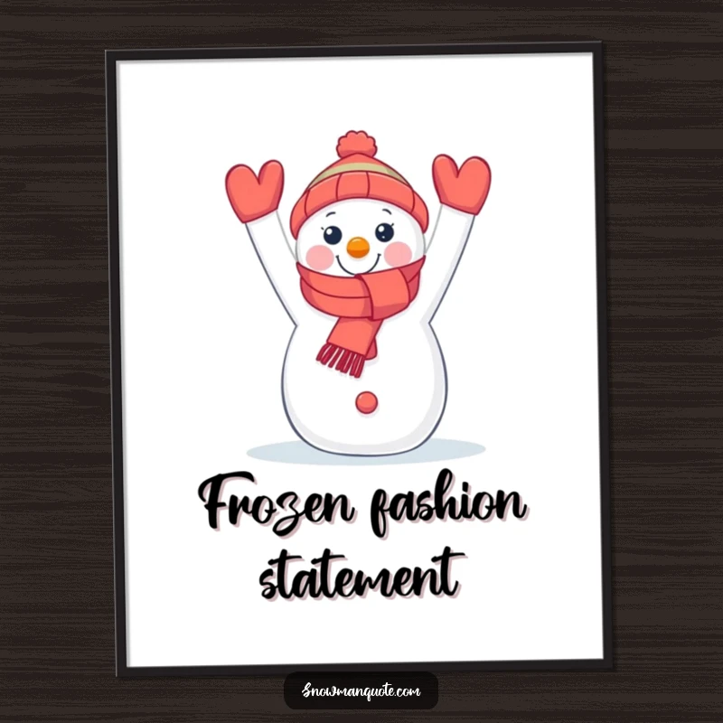 Funny digital art print of a happy snowman holding a bright scarf, offering instant winter cheer and decor.