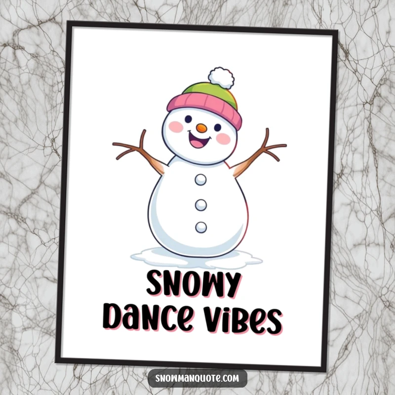 Funny digital art print of a snowman performing an energetic shimmy dance with its twig arms.