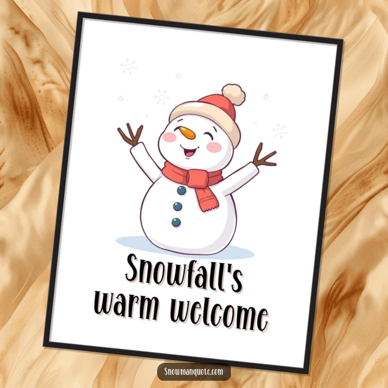Funny Digital Art Print: A snowman with twig arms waving excitedly at falling snowflakes, capturing serene winter beauty.