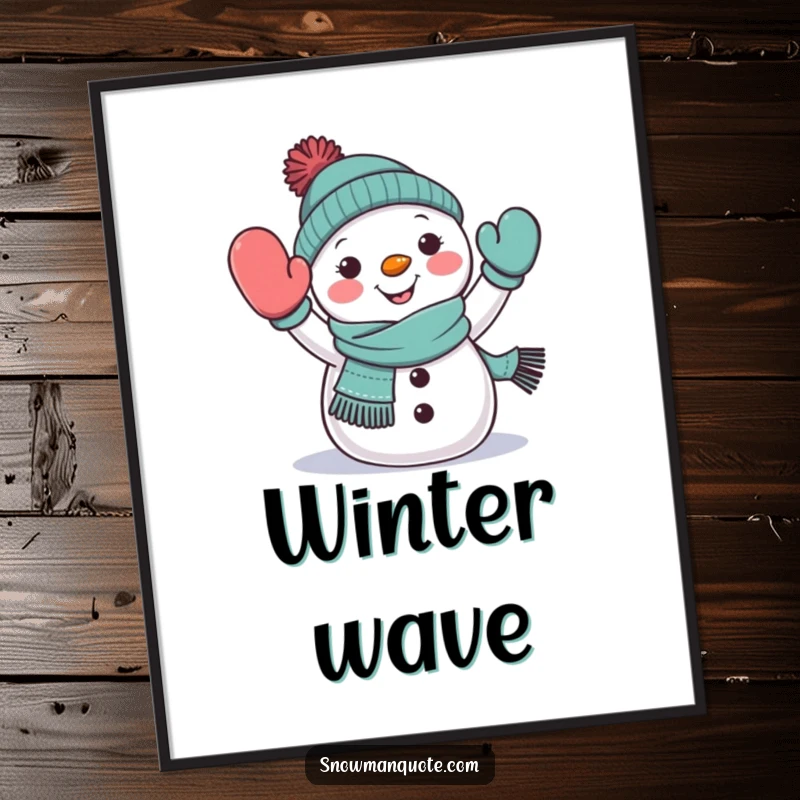 Funny snowman waving digital art print, wearing a scarf, cheerfully extending a mitten, creating a warm winter scene, gift.