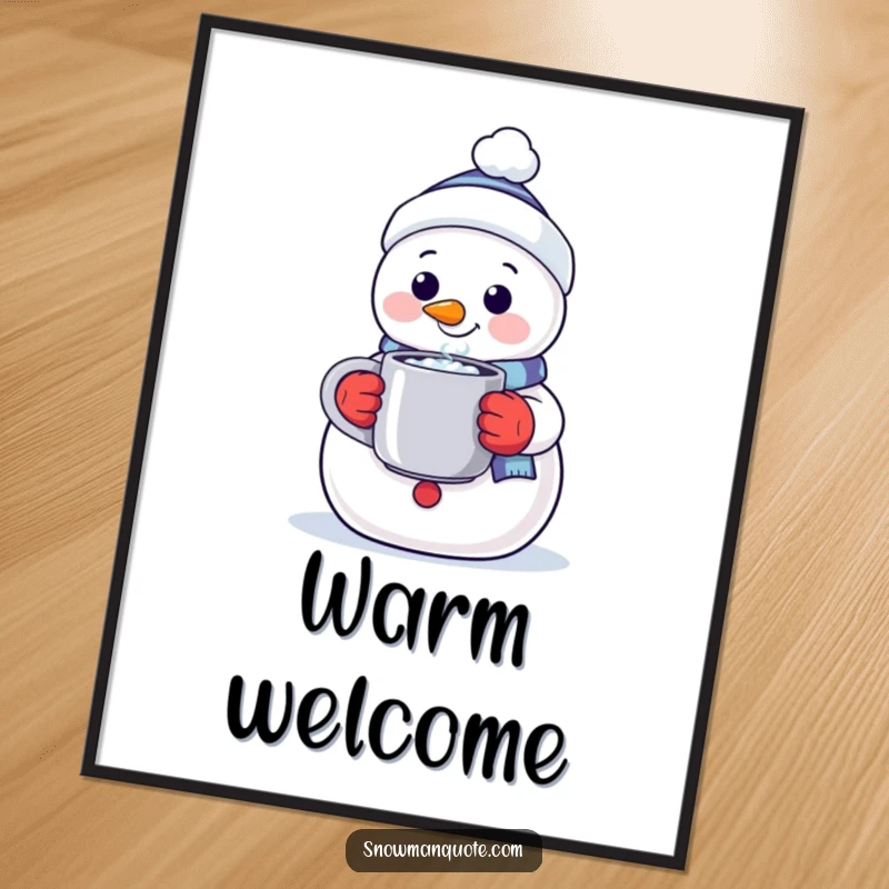 Funny digital art print of a smiling snowman offering a steaming mug, embodying warmth, comfort, and friendly hospitality.
