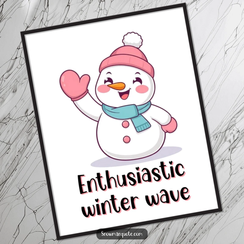 Funny digital art print of a happy snowman waving hello with its mitten, perfect for friendly decor.