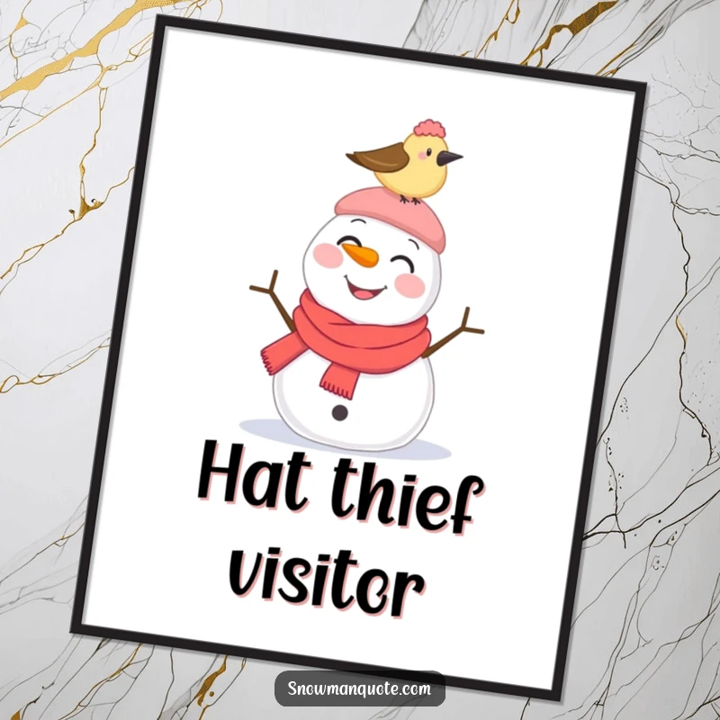Funny Digital Art Print: A smiling snowman looks surprised as a bird pecks its hat, capturing whimsical winter humor.