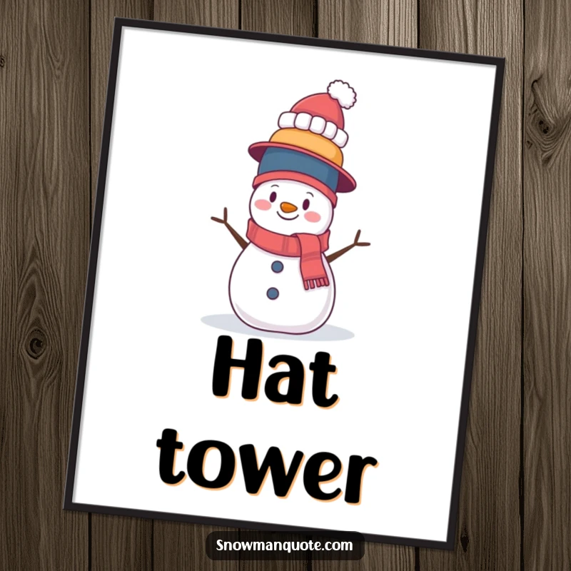 Funny digital art print of a snowman wobbling while balancing a tall stack of hats. High-resolution, perfect for instant wall decor and humorous art.