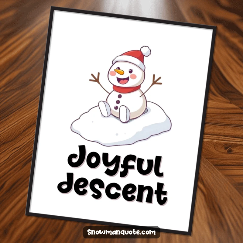 Funny Playful Snowman Hill Art Print showing a delighted snowman joyfully sliding down a snowy hill with a sense of exhilaration.
