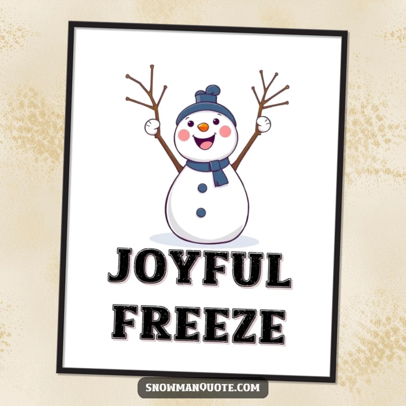Funny digital art print of an excited snowman cheering with twig arms held high, embodying pure winter celebration and joy.
