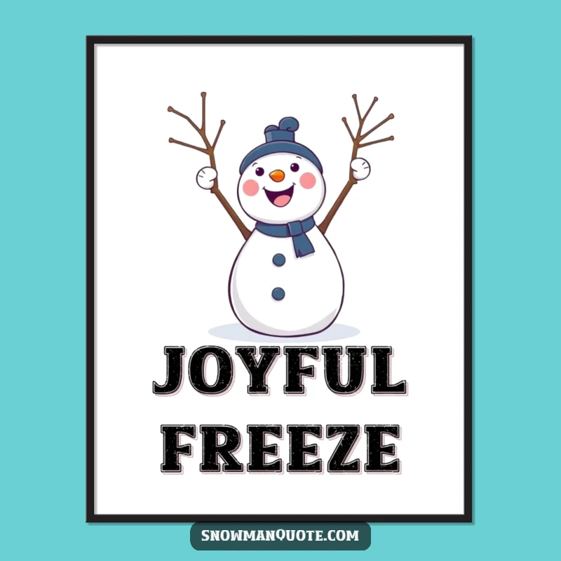Funny Cheering Snowman Digital Art: Twig Arm Celebration Print