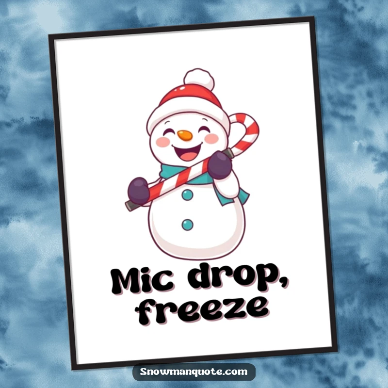 Funny snowman digital art print of a snowman holding a candy cane like a microphone, perfect for decor.