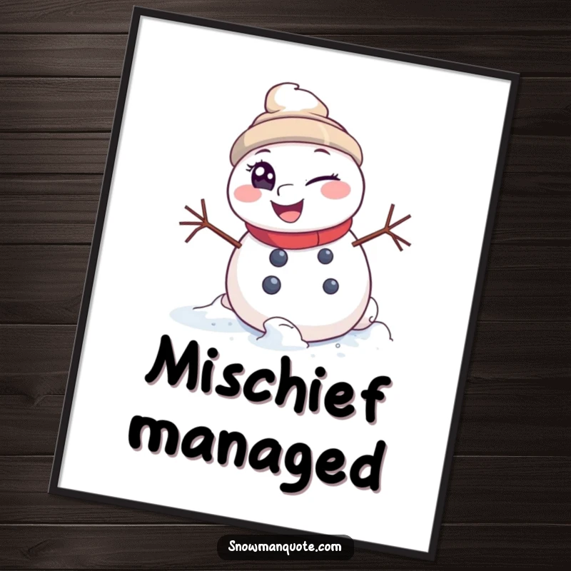 Funny Digital Art Print: A winking snowman rolling downhill with a mischievous glint, ready to be printed and hung. Adds immediate winter fun.