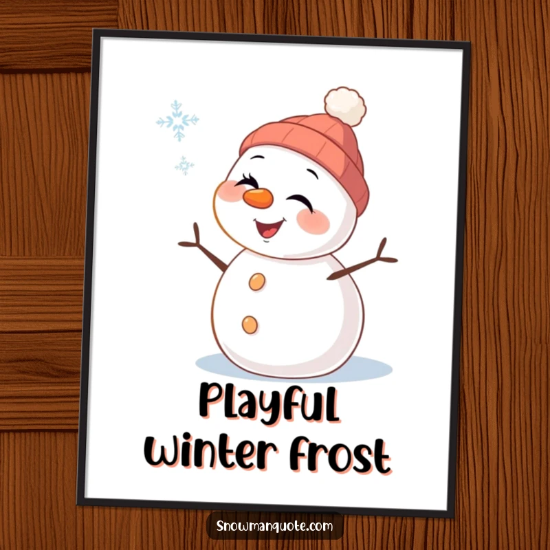Funny Snowman Digital Art Print: A cheerful snowman with carrot nose winks playfully at a falling snowflake, perfect for charming wall decor.