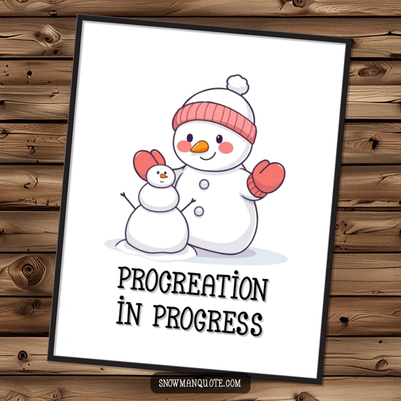 Funny snowman digital art print of a snowman in mittens attempting to build a smaller snowman, offering instant winter humor and charm.