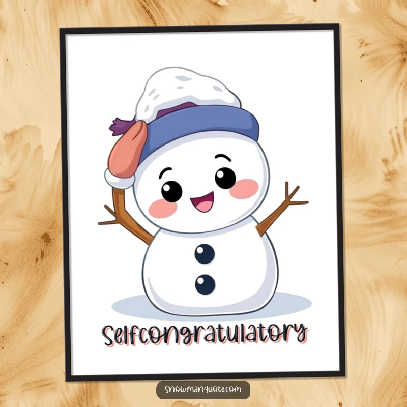 Funny Digital Art Print: A smiling snowman patting its own head, ready to be printed and hung. Adds immediate winter warmth.