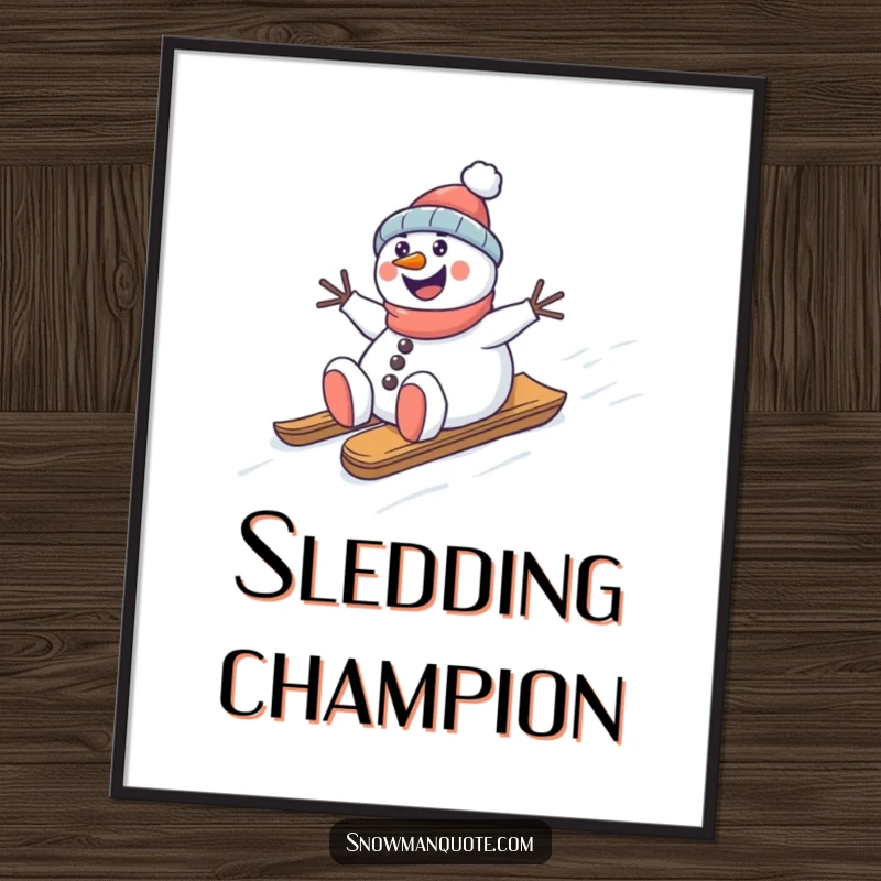 Funny snowman sledding digital art print, happily riding a sled down a snowy hill, creating a dynamic winter scene, gift.