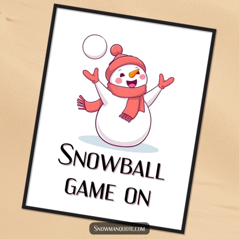 Funny Snowman Digital Art Print: A delighted snowman with a jaunty scarf catches a flying snowball, perfect for dynamic and cheerful wall decor.