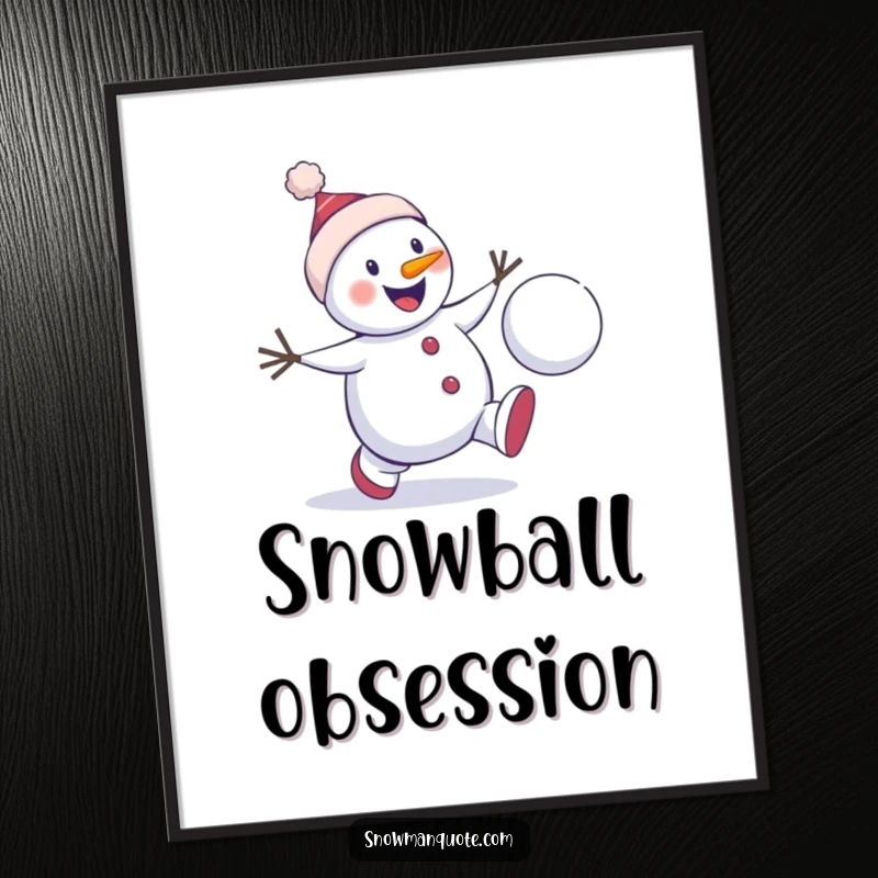 Funny snowman chase digital art print of a winter character enthusiastically chasing a bouncing snowball, offering instant energetic and humorous wall decor.