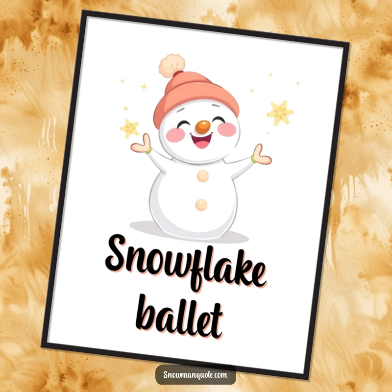 Funny snowman digital art print of a smiling snowman juggling glowing snowflakes, its carrot nose adding a charming, festive touch.