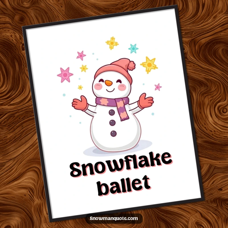 Funny printable wall art of a smiling snowman juggling colorful snowflakes, bringing joyful winter magic to decor.