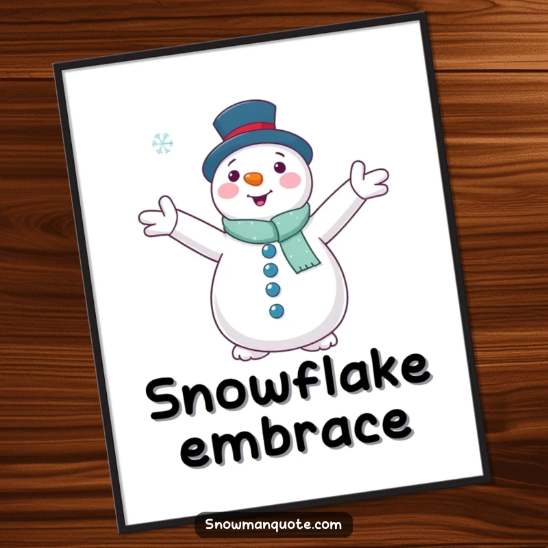 Funny, printable digital art of a snowman with open arms embracing a falling snowflake, perfect for instant serene decor.