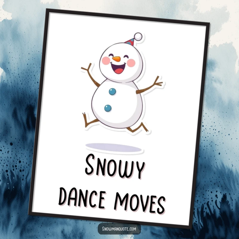 Funny Digital Art Print: A cheerful snowman performing a joyful kick, ready to be printed and hung. Adds instant winter fun.
