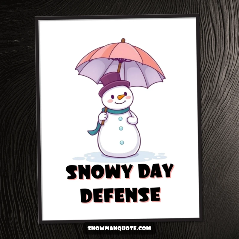 Funny digital art print of a snowman comically attempting to balance a huge umbrella against a strong wind gust.