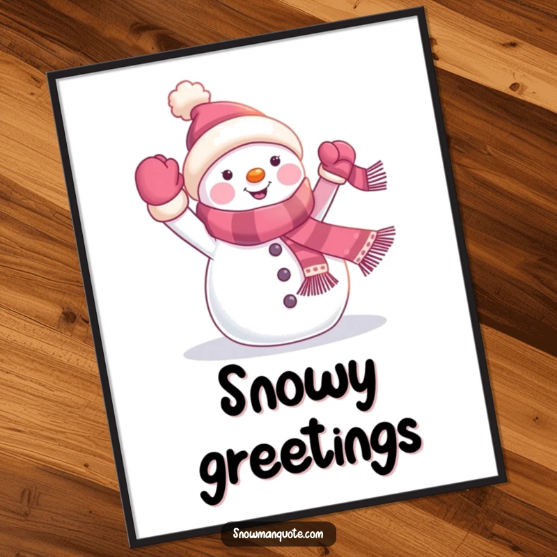 Funny snowman banner digital art print of a cheerful winter character waving a banner from its scarf, offering instant festive and humorous wall decor.