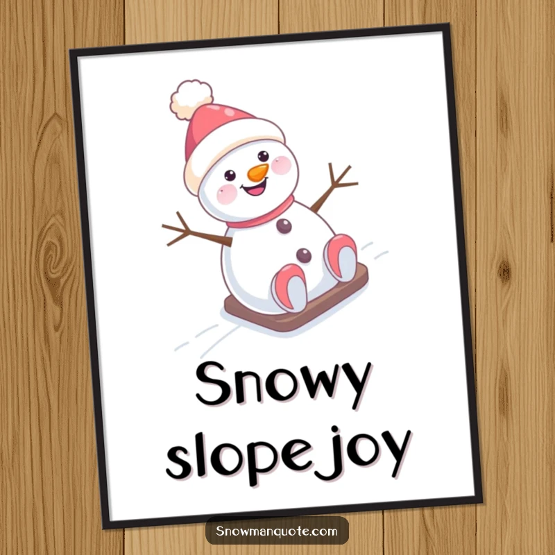 Funny Digital Art Print: A smiling snowman with a hat askew joyfully slides down a snowy hill, capturing winter's delight.