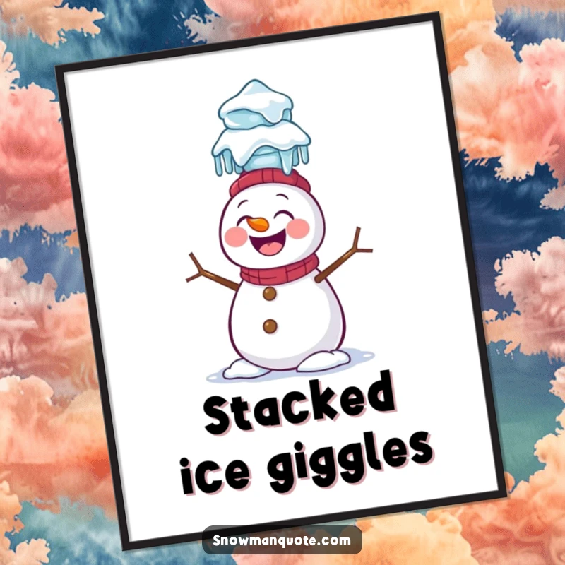 Funny Snowman Digital Art Print: A giggling snowman attempts to balance a stack of icicles on its head, perfect for comical wall decor.