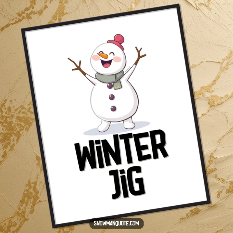 Funny digital art print of a happy snowman doing a jig with flailing twig arms. High-resolution, perfect for instant wall decor and festive cheer.