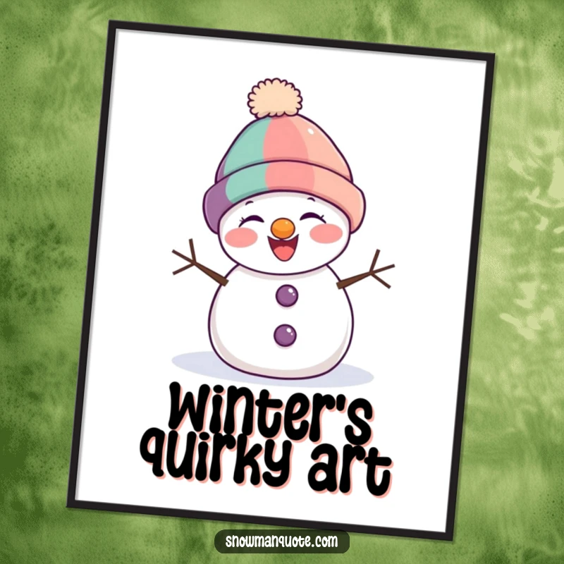 Funny snowman digital art print of a gleeful snowman with a crooked hat, captured in laughter, ready to decorate your space.