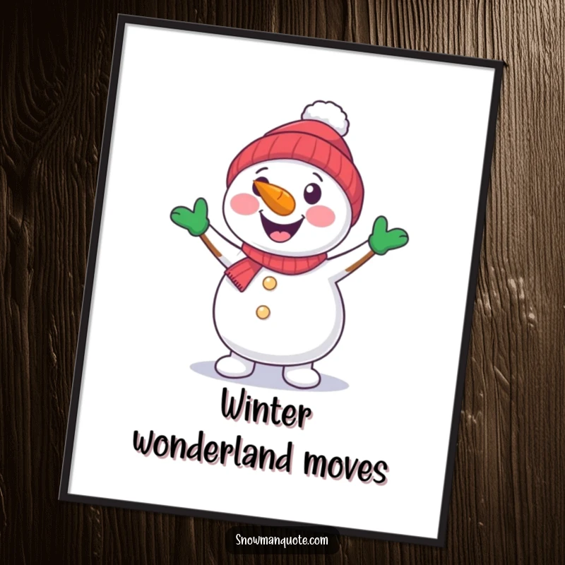 A cheerful snowman with a carrot nose dancing with its arms. A digital artwork.